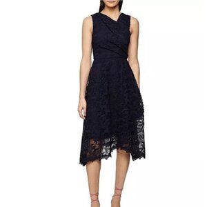 Reiss Rayna Wrap Front Lace Midi Dress, Formal, Cocktail, Navy Blue Size 8 NWT